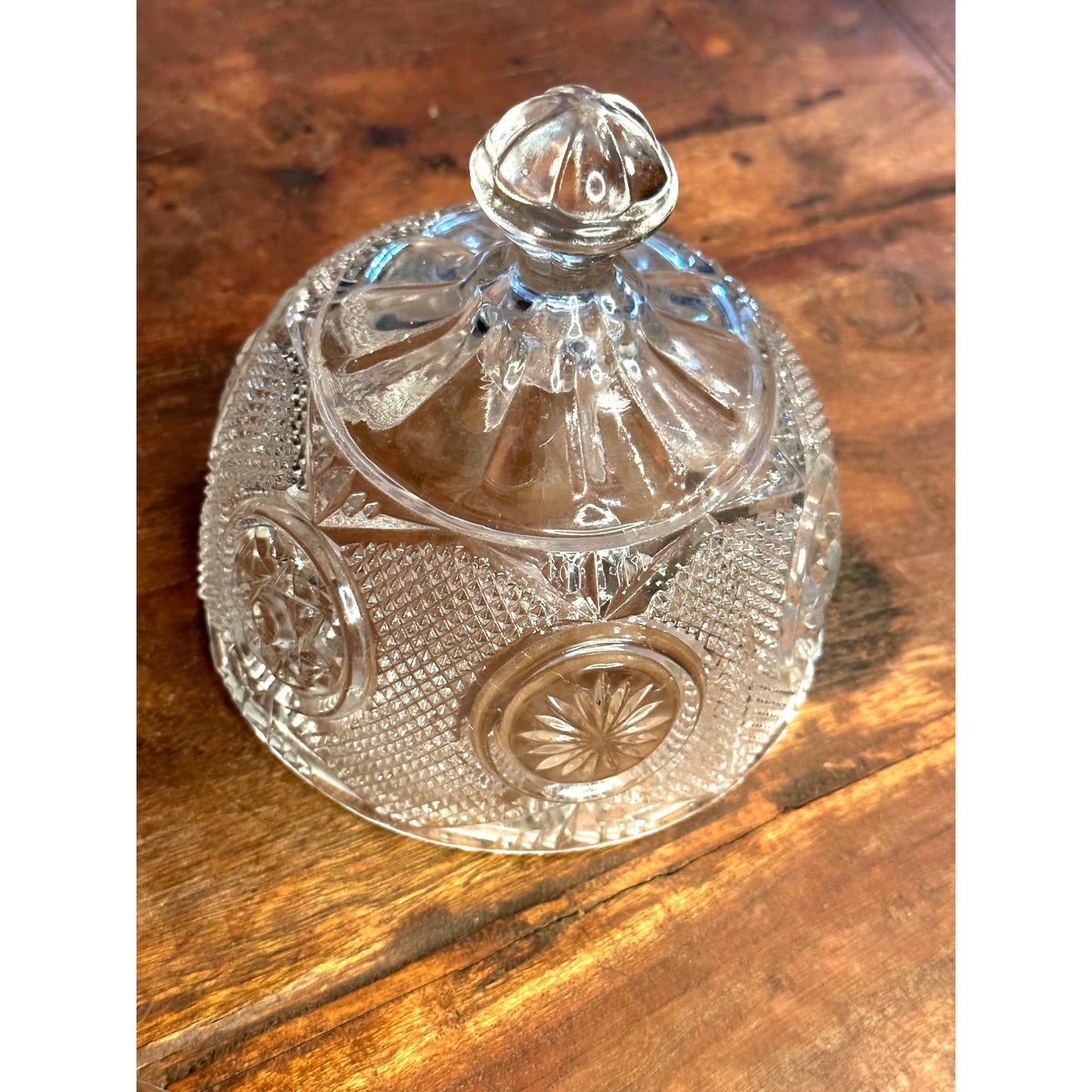 Early American Pattern Vintage Diamond Cut Glass Round Covered Butter Dish