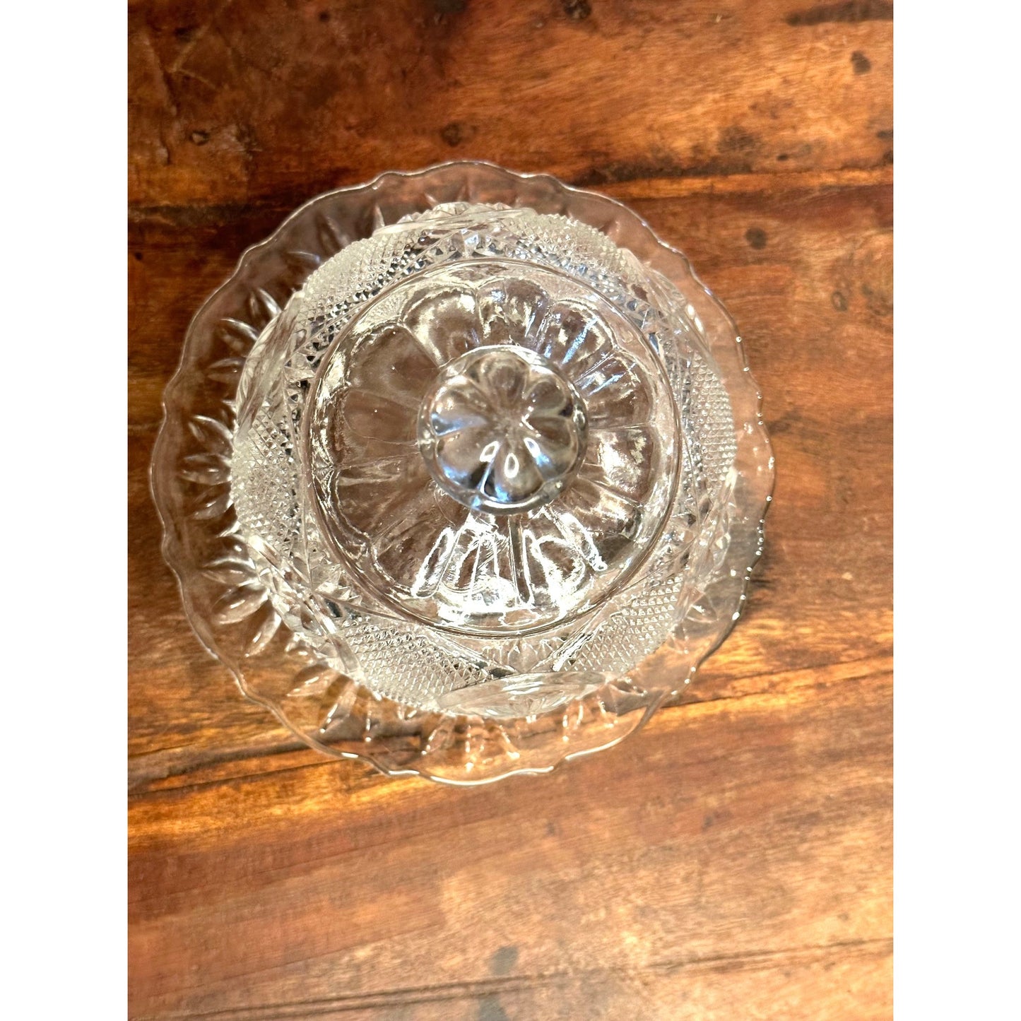 Early American Pattern Vintage Diamond Cut Glass Round Covered Butter Dish