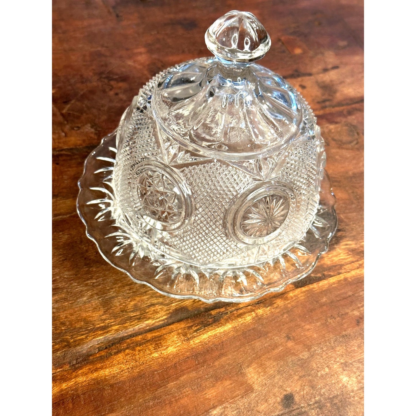 Early American Pattern Vintage Diamond Cut Glass Round Covered Butter Dish