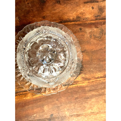 Early American Pattern Vintage Diamond Cut Glass Round Covered Butter Dish